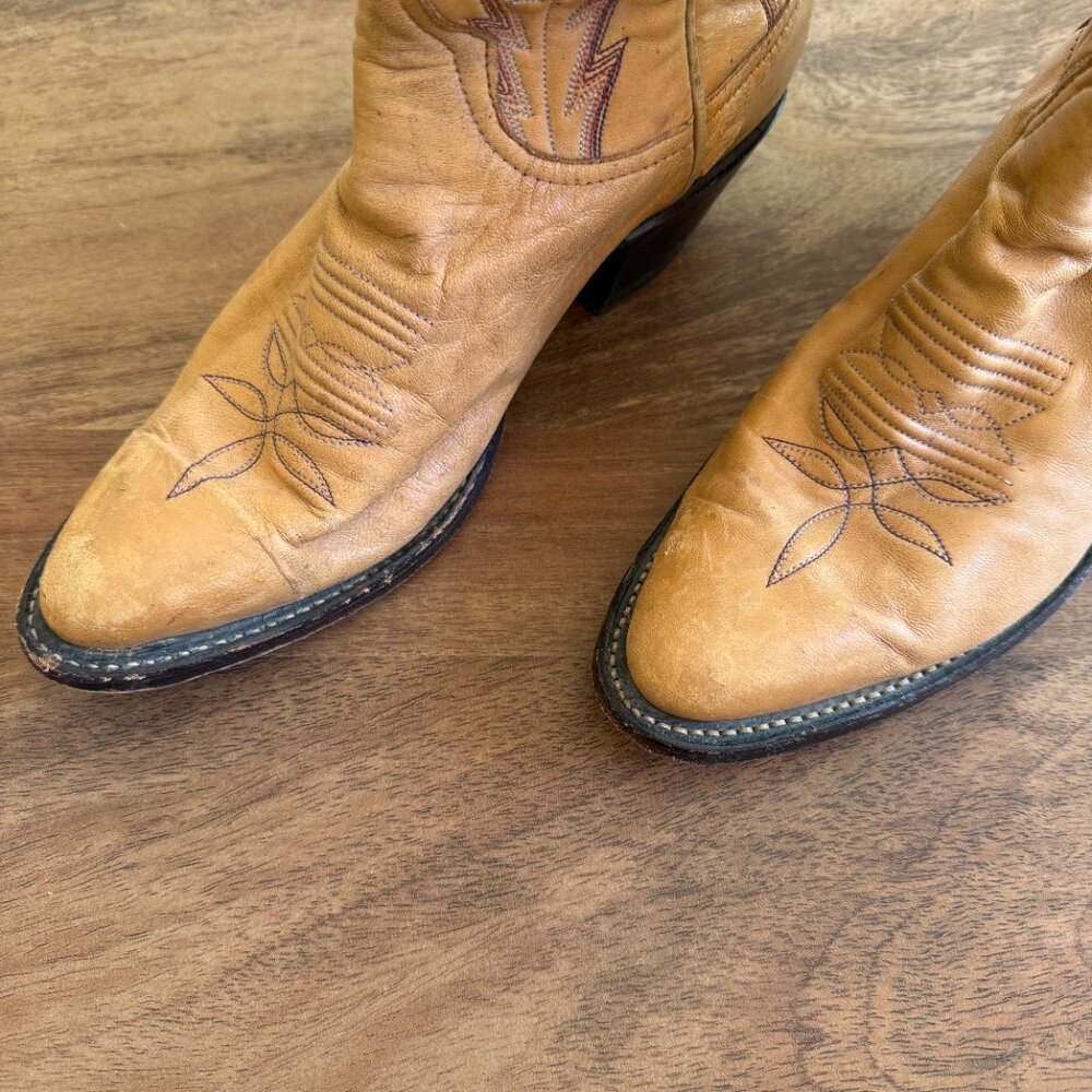 Larry Mahan Tan Leather Knee-High Western Heeled Boots with Brown Stitching - Picture 5 of 10